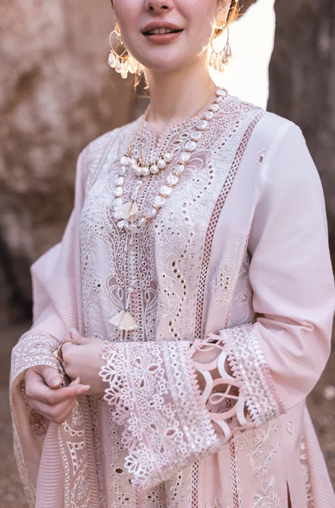 QALAMKAR - 3PC Lawn Chikankari Embroidered Shirt with Chiffon Embroidered Dupatta and Trouser - BFA0009 - Image 3