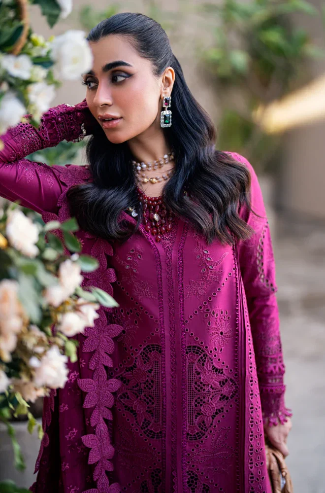 QALAMKAR - 3PC Lawn Chikankari Embroidered Shirt with Chiffon Embroidered Dupatta and Trouser- BFA0011 - Image 4