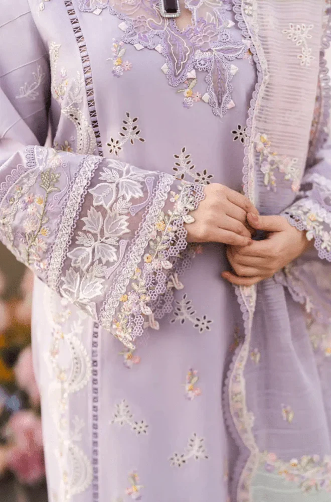 QALAMKAR - 3PC Lawn Chikankari Embroidered Shirt with Slub Net Printed Dupatta and Trouser - BFA0028 - Image 3