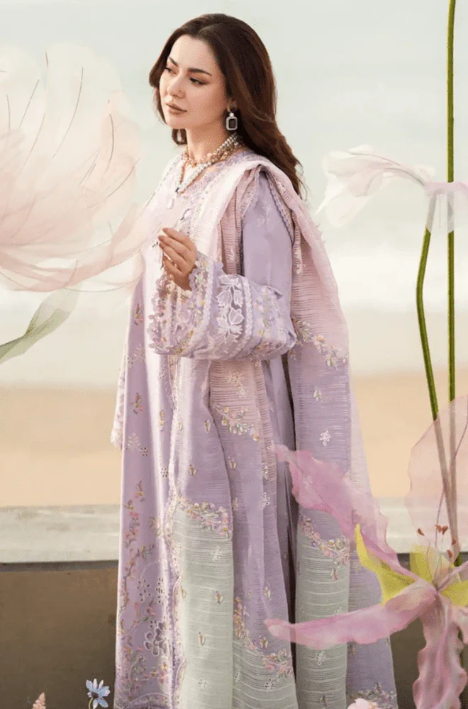 QALAMKAR - 3PC Lawn Chikankari Embroidered Shirt with Slub Net Printed Dupatta and Trouser - BFA0028 - Image 5