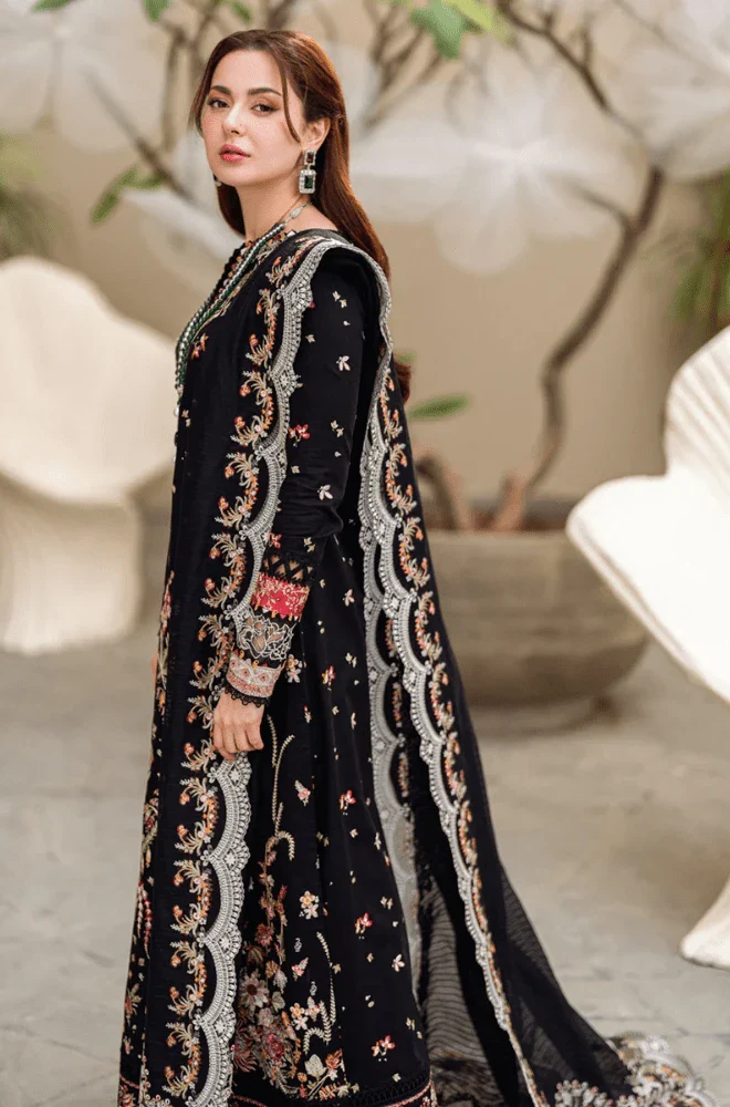 QALAMKAR - 3PC Dhanak Embroidered Shirt with Dhanak Embroidered Dupatta and Trouser - BFA0007 - Image 3