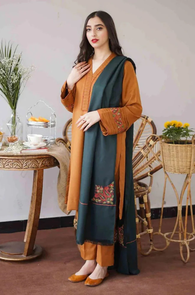 Aisling - 3PC Dhanak Embroidered Shirt With Dhanak Embroidered Dupatta and Trouser - BFB0867 - Image 2