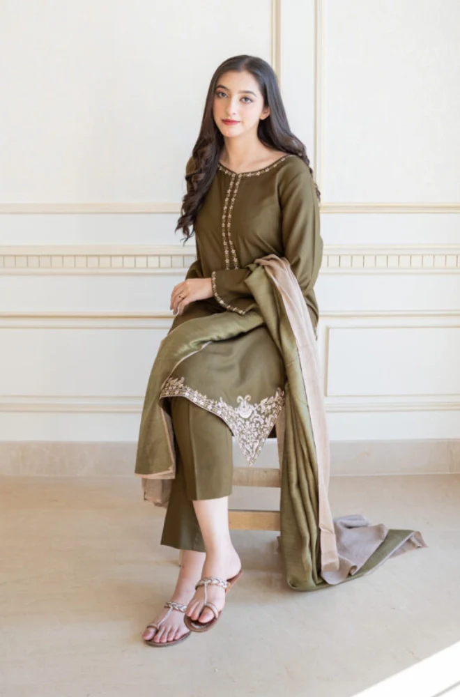 Aisling - 3PC Dhanak Embroidered Shirt With Dhanak Embroidered Dupatta and Trouser - BFB0868 - Image 2