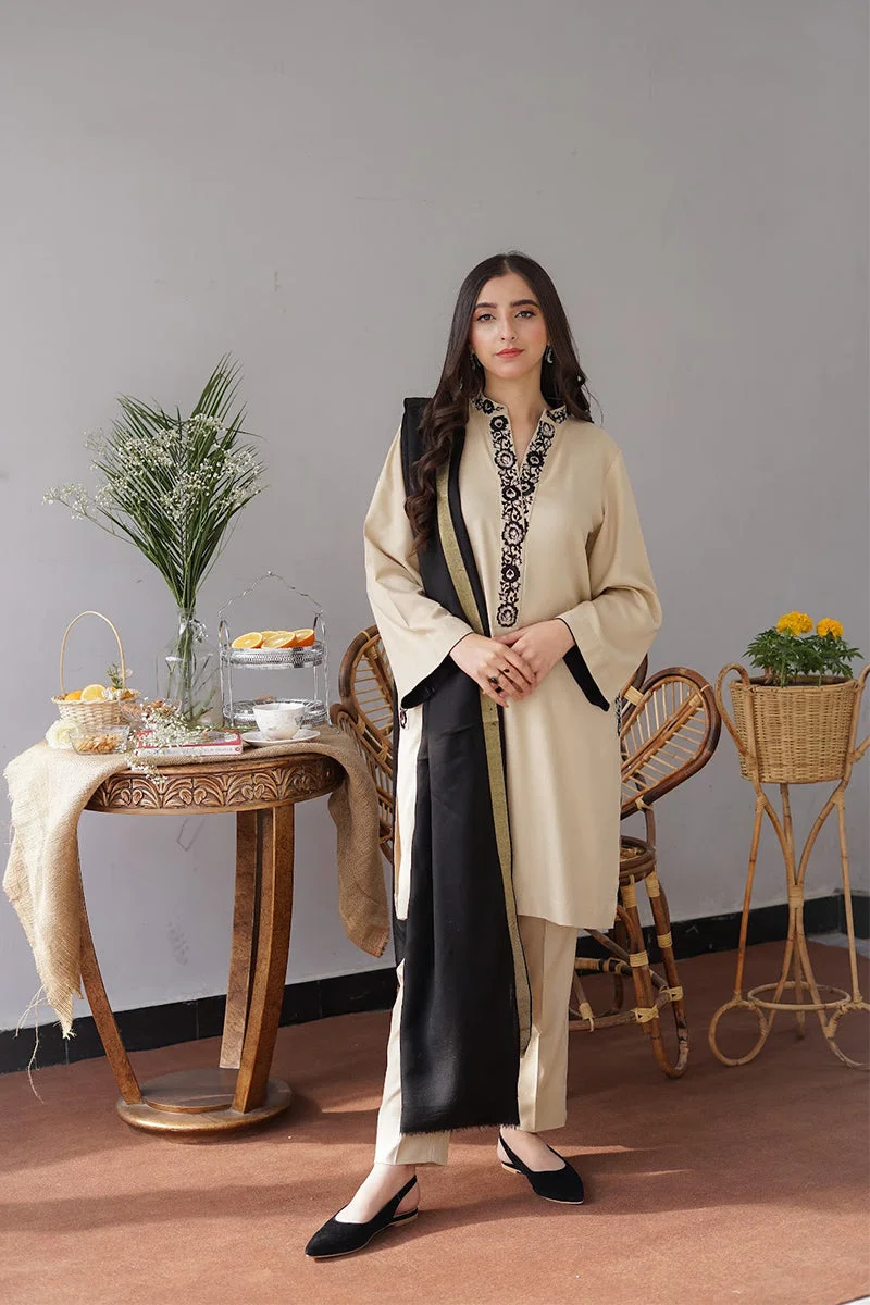 AISLING - 3PC Dhanak Embroidered Shirt with Plain Wool Dupatta and Trouser - BFB0870