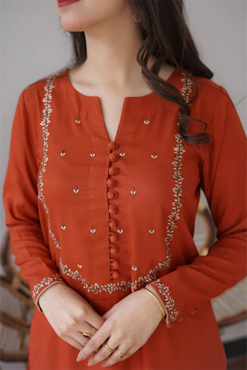 Aisling - 3PC Dhanak Embroidered Shirt with Wool Plain Dupatta and Trouser - BFB0873 - Image 2