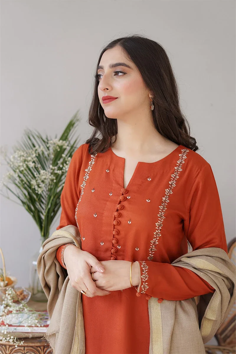 Aisling - 3PC Dhanak Embroidered Shirt with Wool Plain Dupatta and Trouser - BFB0873 - Image 3