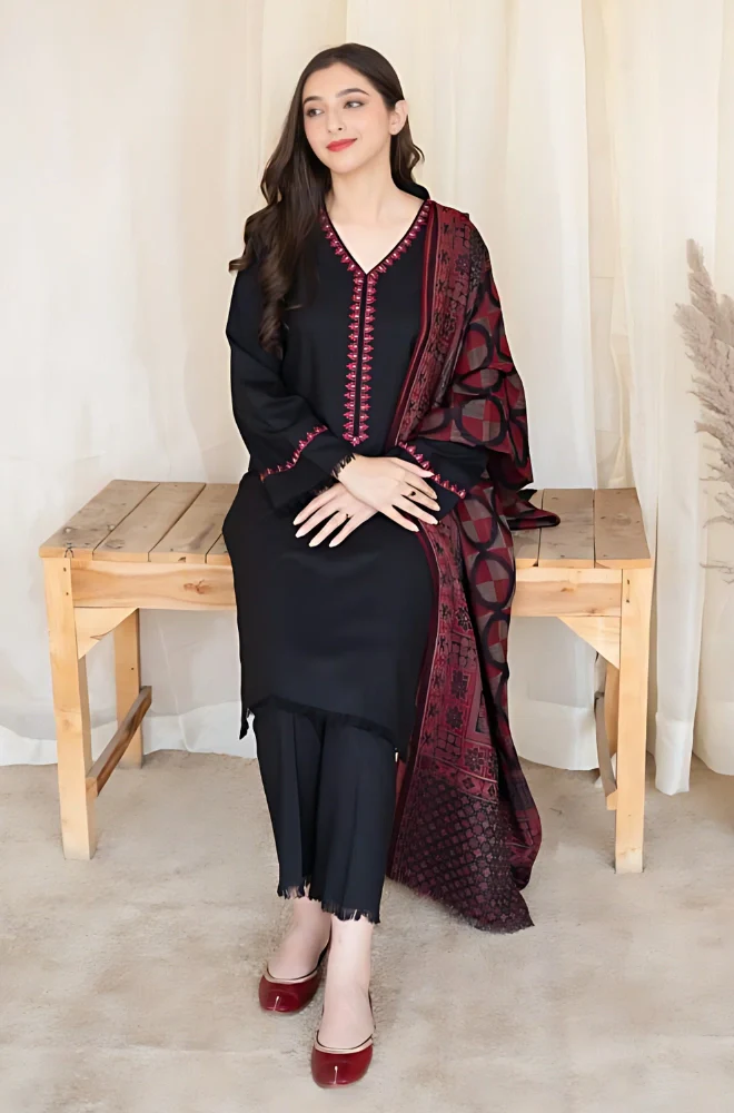 Aisling - 3PC Dhanak Embroidered Shirt With Wool Printed Dupatta and Trouser - BFB0878 - Image 3