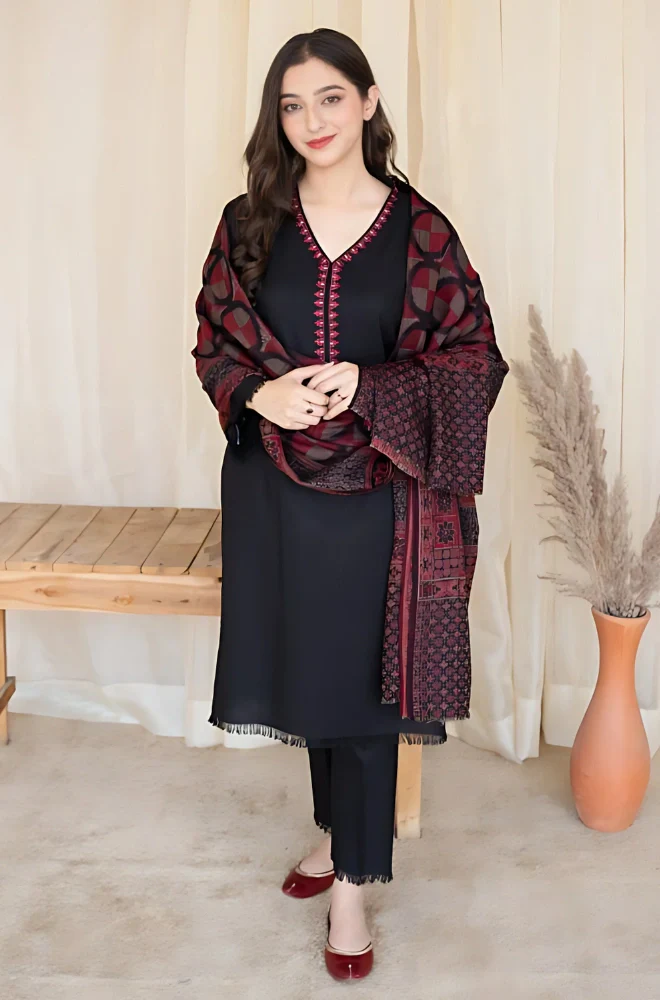 Aisling - 3PC Dhanak Embroidered Shirt With Wool Printed Dupatta and Trouser - BFB0878 - Image 4