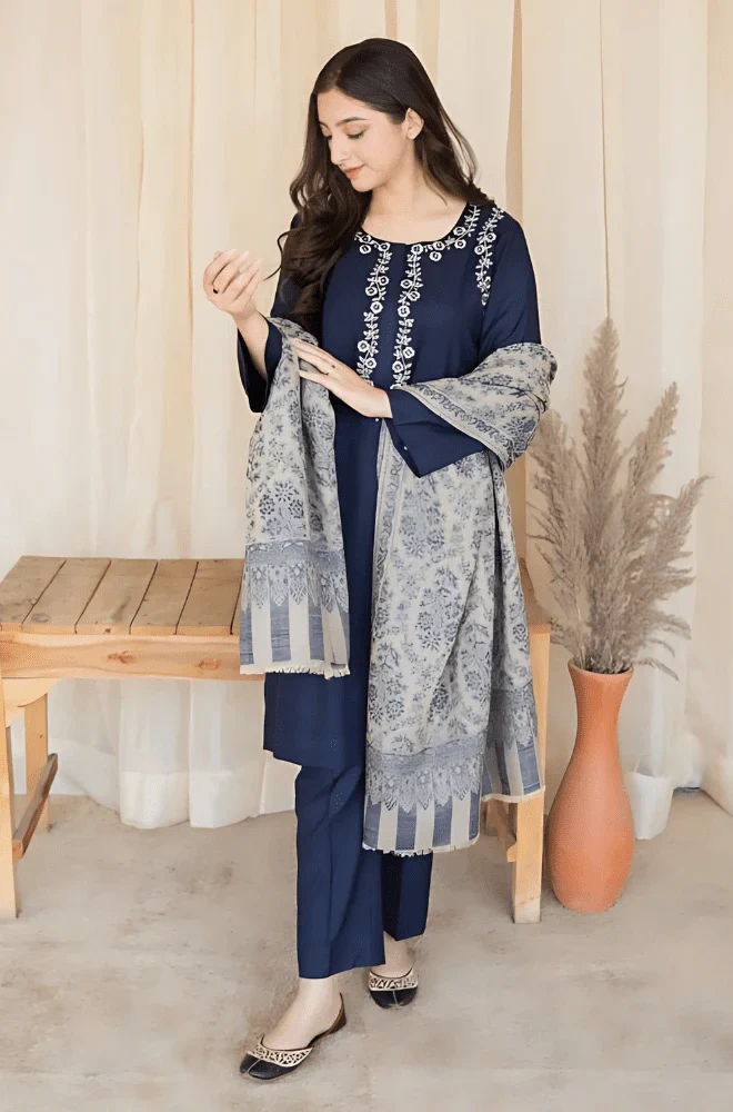 Aisling - 3PC Dhanak Embroidered Shirt With Wool Printed Dupatta and Trouser - BFB0879 - Image 2