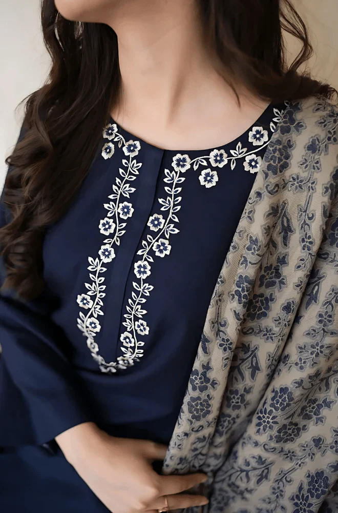 Aisling - 3PC Dhanak Embroidered Shirt With Wool Printed Dupatta and Trouser - BFB0879 - Image 4