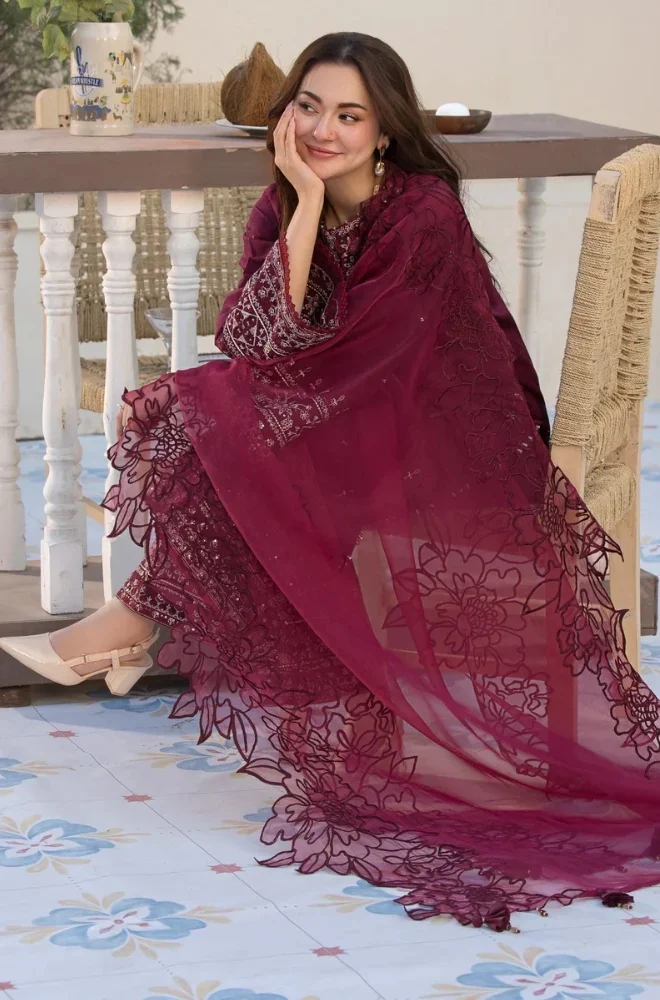 ALLYS - 3PC Lawn Embroidered Shirt with Chiffon Embroidered Dupatta and Trouser - BFU01130 - Image 6