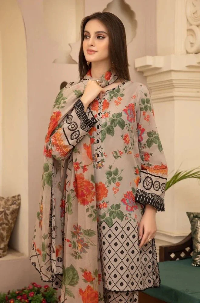 Aneelas - 3PC Lawn Printed Shirt with Lawn Printed Dupatta and Trouser - BFB0854 - Image 2