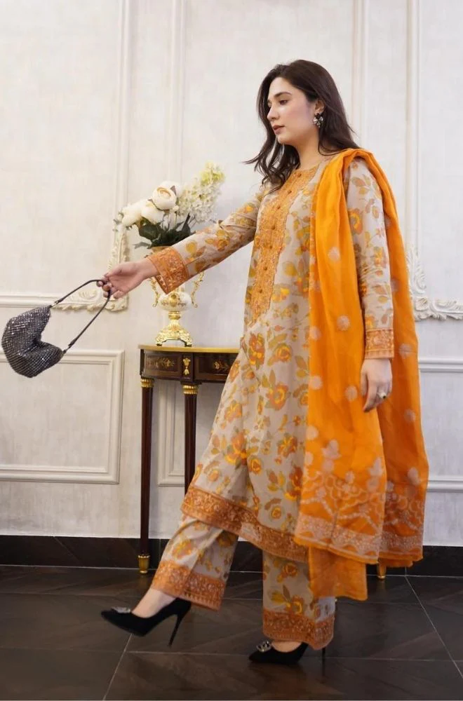 Aneelas - 3PC Lawn Printed Shirt with Lawn Printed Dupatta and Trouser - BFB0855