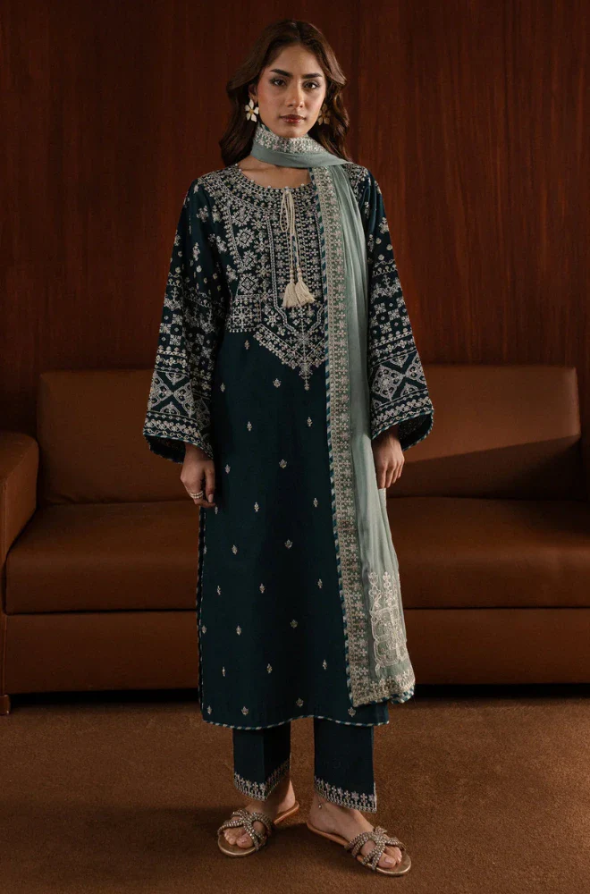 Stitched 3PC Dhanak Embroidered Shirt with Chiffon Embroidered Dupatta and Trouser – RTW005 - Image 4