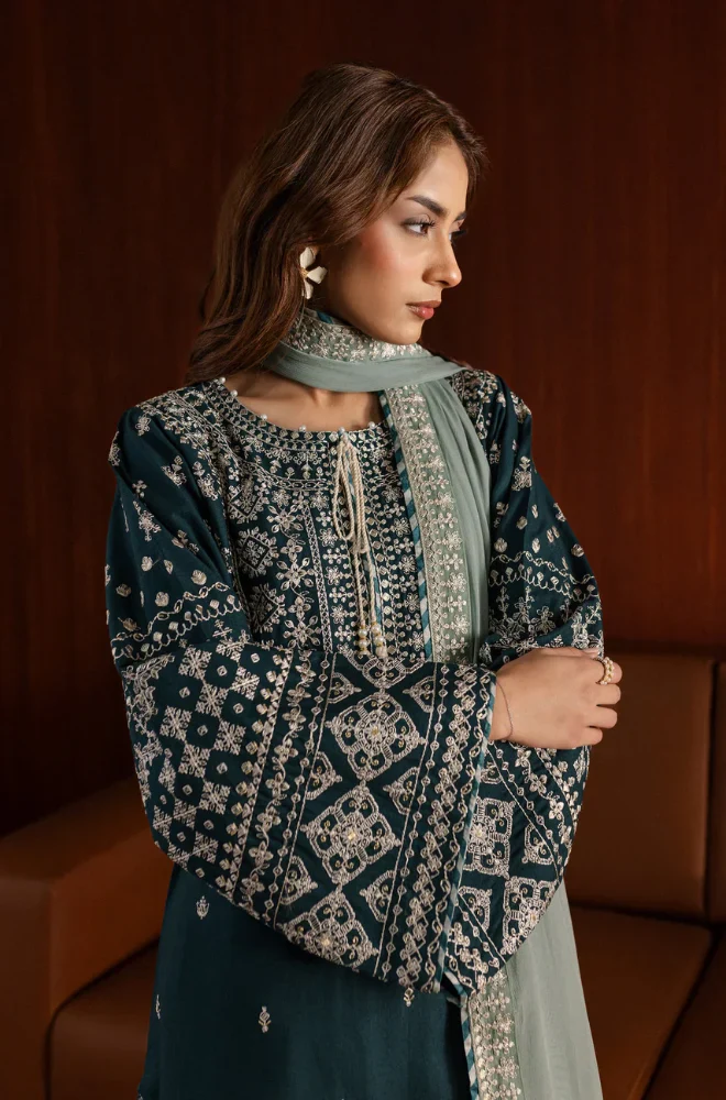 Stitched 3PC Dhanak Embroidered Shirt with Chiffon Embroidered Dupatta and Trouser – RTW005 - Image 8