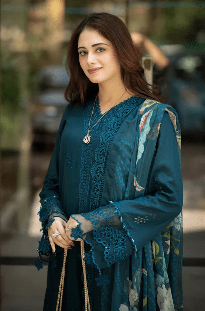 BAREEZE - 3PC Lawn Chikankari Embroidered Shirt with Monar Printed Dupatta and Trouser - BFB0243 - Image 5