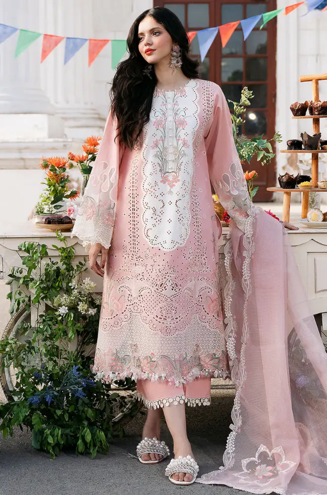 BIN ILYAS - 3PC Lawn Chikankari Embroidered Shirt with Chiffon Embroidered Dupatta and Trouser - BFB0624 - Image 3