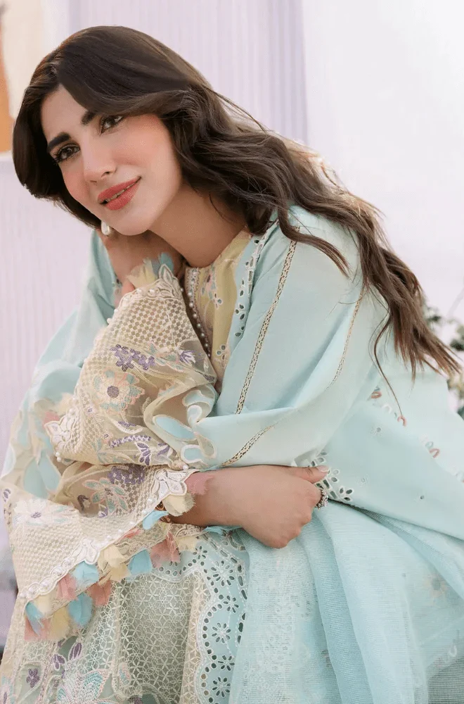 BIN ILYAS - 3PC Lawn Chikankari Embroidered Shirt with Chiffon Embroidered Dupatta and Trouser - BFB0643 - Image 4