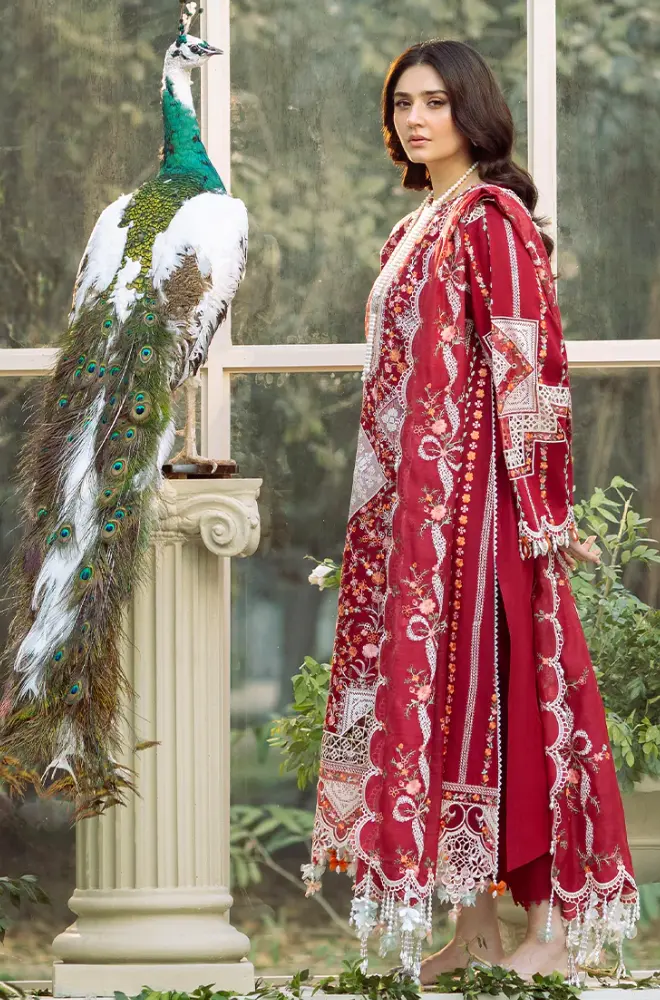 BIN ILYAS -3PC Lawn Chikankari Embroidered Shirt with Chiffon Embroidered Dupatta and Trouser - BFB0651 - Image 4
