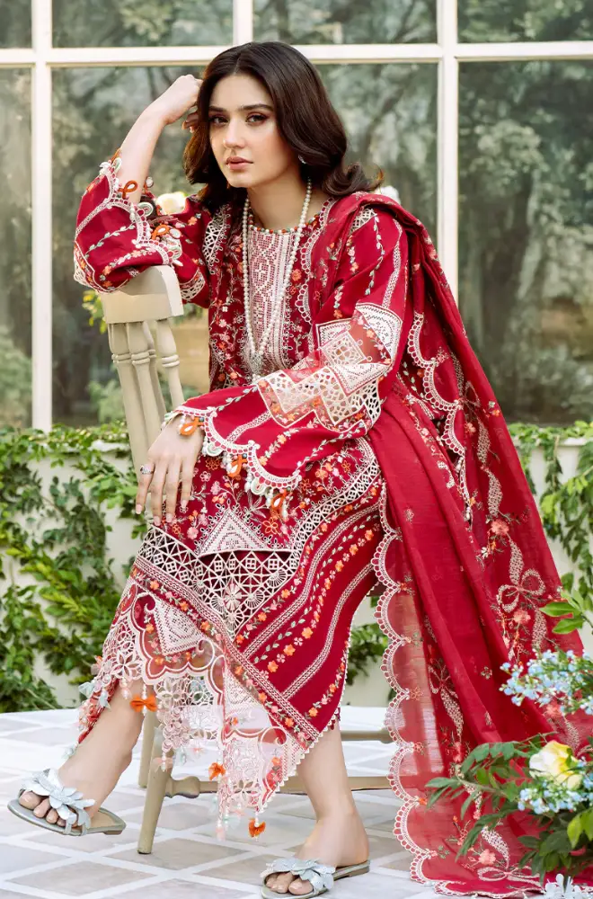 BIN ILYAS -3PC Lawn Chikankari Embroidered Shirt with Chiffon Embroidered Dupatta and Trouser - BFB0651 - Image 5