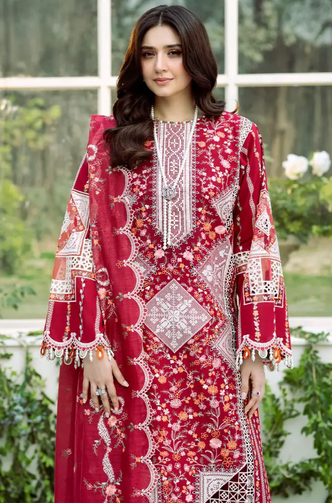 BIN ILYAS -3PC Lawn Chikankari Embroidered Shirt with Chiffon Embroidered Dupatta and Trouser - BFB0651 - Image 6