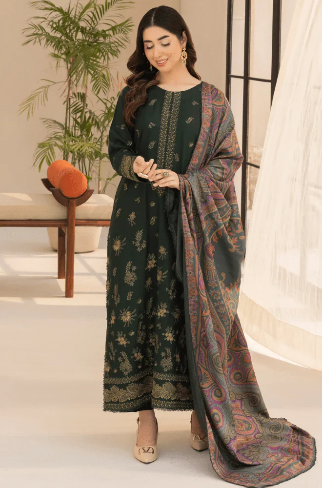3PC Dhanak Embroidered Shirt with Wool Printed Dupatta and Trouser - BFB0415 - Image 2