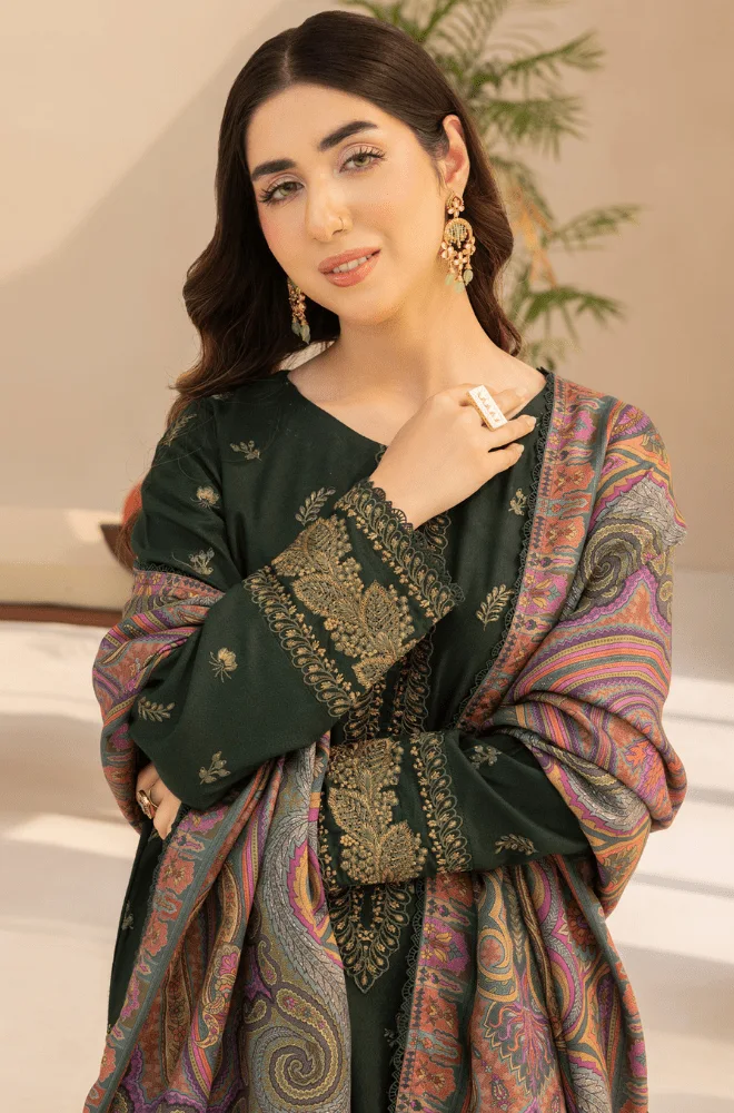 3PC Dhanak Embroidered Shirt with Wool Printed Dupatta and Trouser - BFB0415 - Image 3