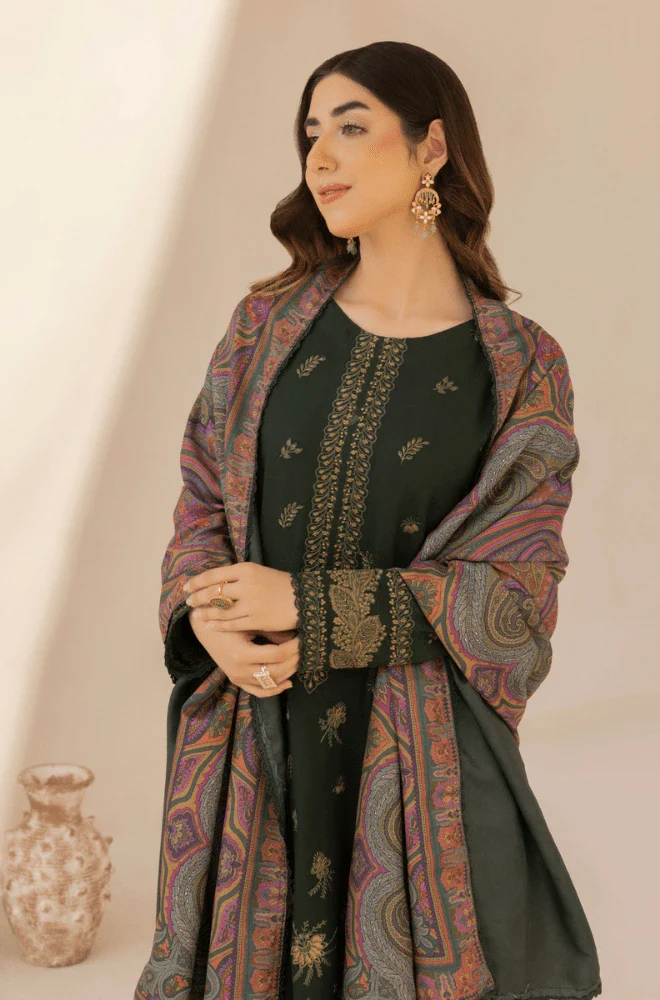 3PC Dhanak Embroidered Shirt with Wool Printed Dupatta and Trouser - BFB0415 - Image 4