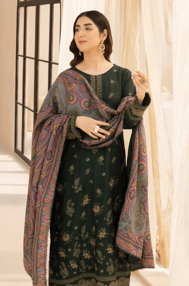 3PC Dhanak Embroidered Shirt with Wool Printed Dupatta and Trouser - BFB0415 - Image 5