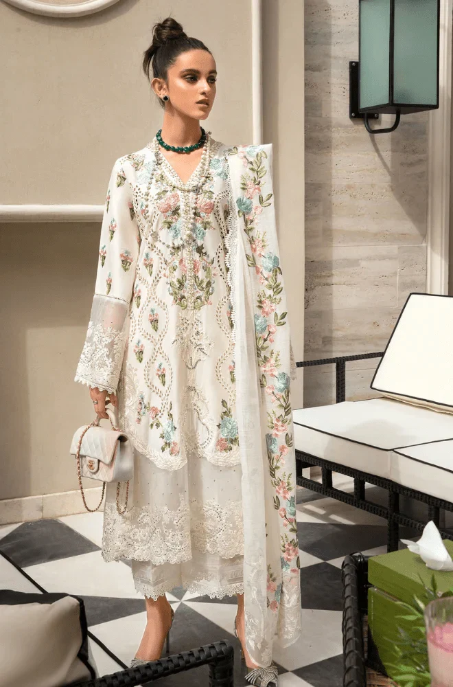 CRIMSON -3PC Lawn Chikankari Embroidered Shirt with Khadi Embroidered Dupatta and Trouser - BFB0597 - Image 3
