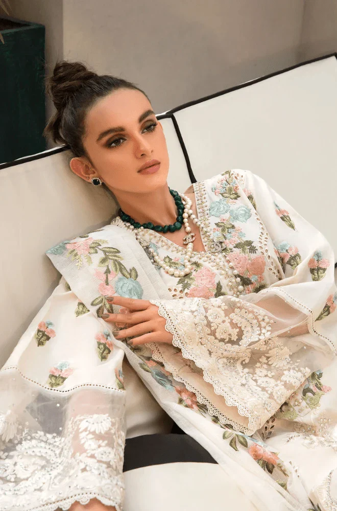 CRIMSON -3PC Lawn Chikankari Embroidered Shirt with Khadi Embroidered Dupatta and Trouser - BFB0597 - Image 6