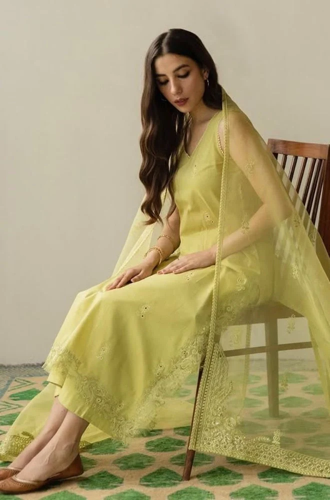 DYOT - 3PC Summer Lawn Embroidered Shirt with Organza Embroidered Dupatta and Trouser - BFB0802 - Image 2