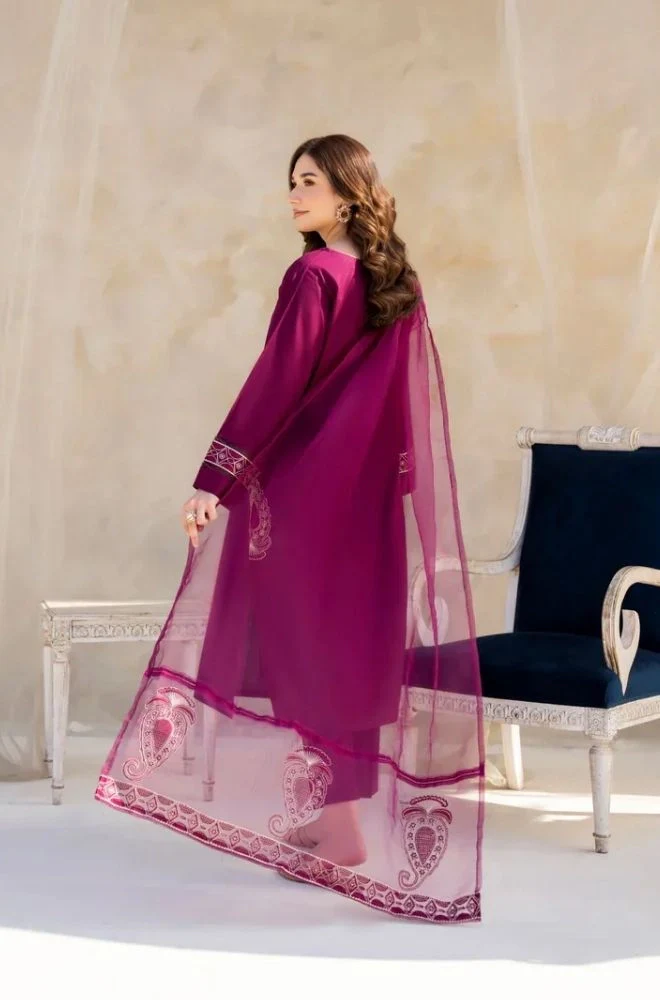DYOT - 3PC Summer Lawn Embroidered Shirt with Organza Embroidered Dupatta and Trouser - BFB0803 - Image 2