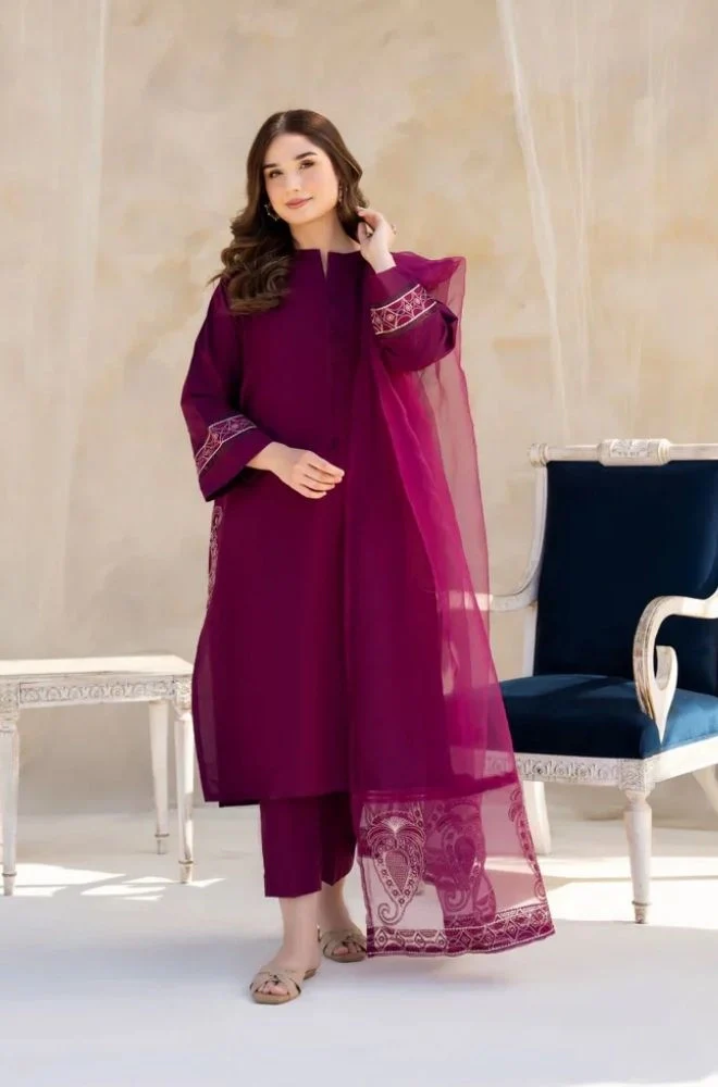DYOT - 3PC Summer Lawn Embroidered Shirt with Organza Embroidered Dupatta and Trouser - BFB0803 - Image 3