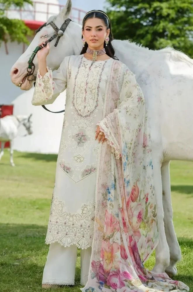 ELAF - 3PC Lawn Embroidered Chikankari Shirt with Chiffon Printed Dupatta and Trouser - BFB0792