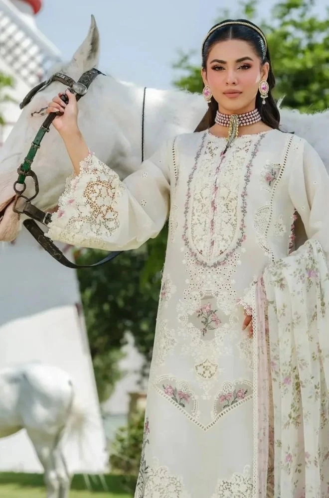 ELAF - 3PC Lawn Embroidered Chikankari Shirt with Chiffon Printed Dupatta and Trouser - BFB0792 - Image 3