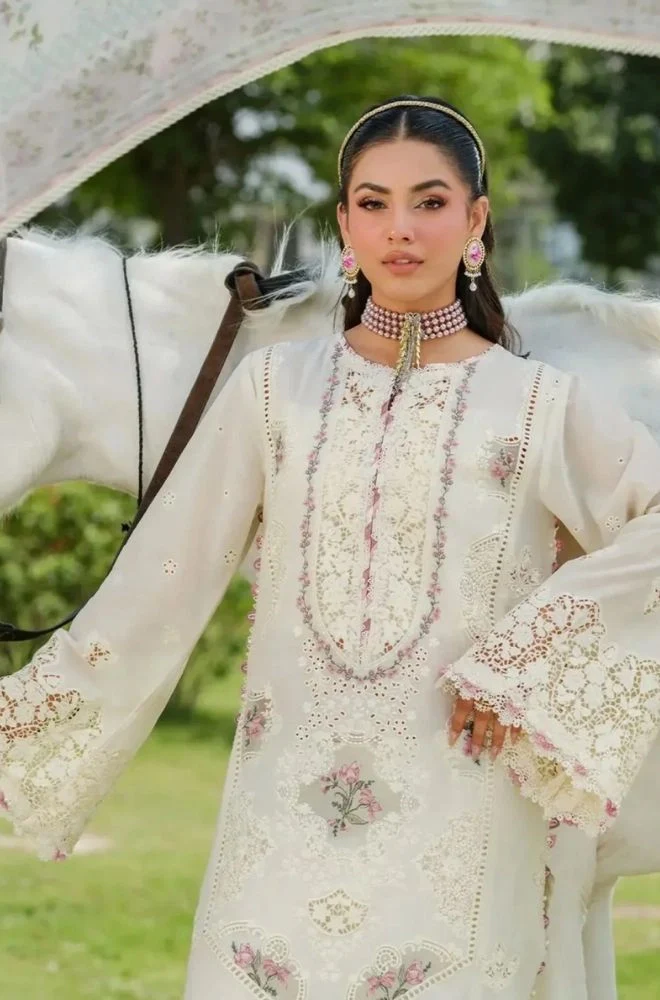 ELAF - 3PC Lawn Embroidered Chikankari Shirt with Chiffon Printed Dupatta and Trouser - BFB0792 - Image 4