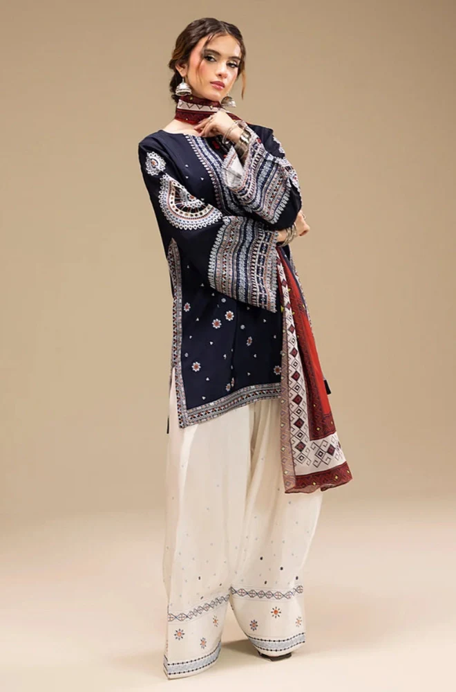 Ethnic - 3PC Dhanak Embroidered Shirt With Wool Printed Dupatta and Trouser - BFB0885
