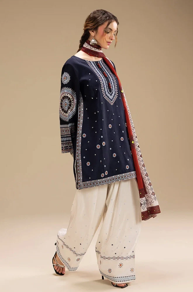 Ethnic - 3PC Dhanak Embroidered Shirt With Wool Printed Dupatta and Trouser - BFB0885 - Image 2