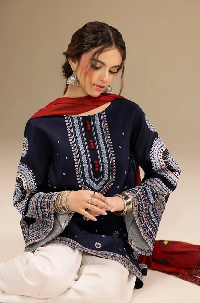 Ethnic - 3PC Dhanak Embroidered Shirt With Wool Printed Dupatta and Trouser - BFB0885 - Image 3