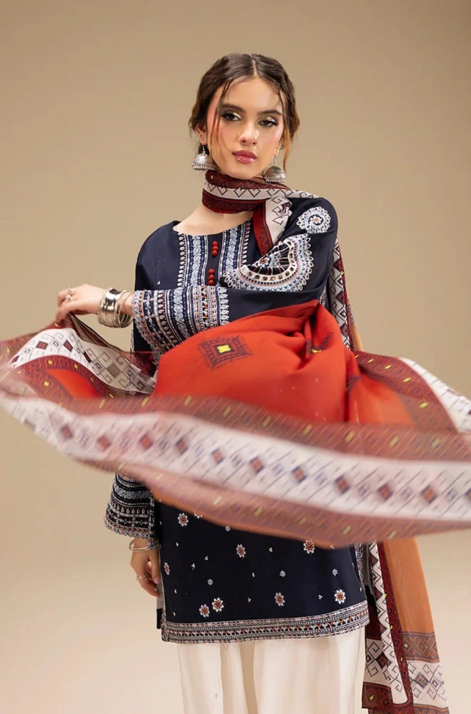 Ethnic - 3PC Dhanak Embroidered Shirt With Wool Printed Dupatta and Trouser - BFB0885 - Image 4