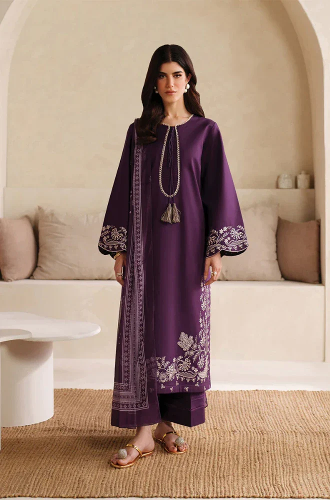 Garnet - 3PC Dhanak Embroidered Shirt With Twill Printed Dupatta and Trouser - BFB0898