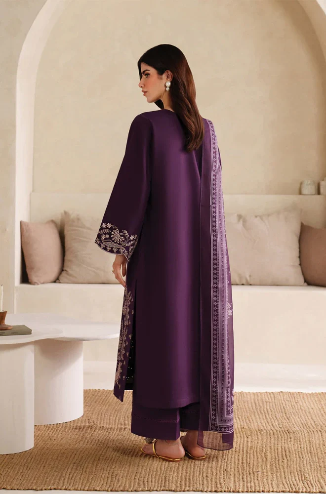 Garnet - 3PC Dhanak Embroidered Shirt With Twill Printed Dupatta and Trouser - BFB0898 - Image 2