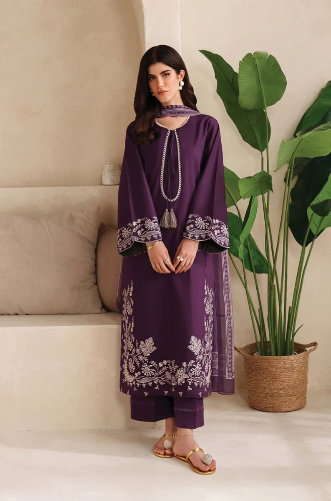 Garnet - 3PC Dhanak Embroidered Shirt With Twill Printed Dupatta and Trouser - BFB0898 - Image 4