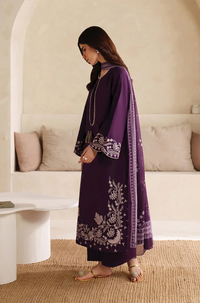 Garnet - 3PC Dhanak Embroidered Shirt With Twill Printed Dupatta and Trouser - BFB0898 - Image 5