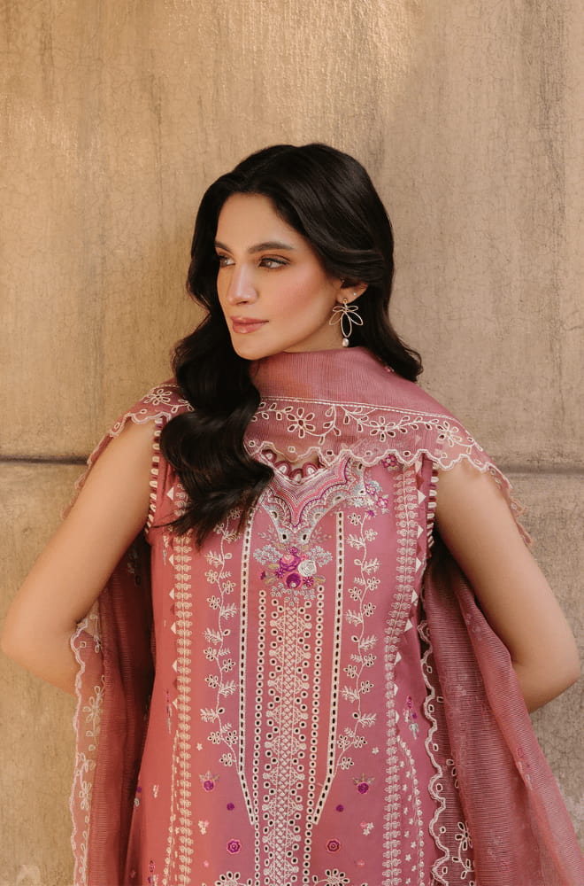 HUSSAIN REHAR - 3PC Lawn Embroidered Shirt with Chiffon Embroidered Dupatta and Trouser- BFB04740 - Image 3