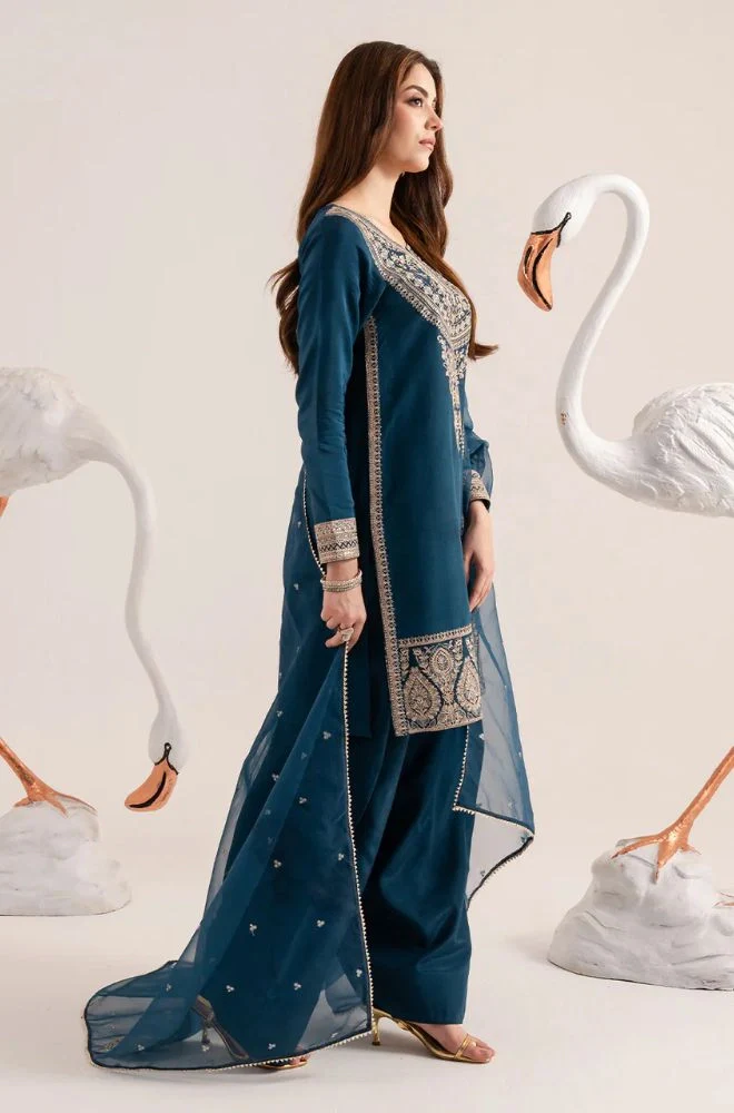 IZEL - 3PC Lawn Embroidered Shirt with Organza Embroidered Dupatta and Trouser - BFB0736 - Image 5