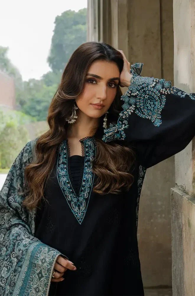 3PC Dhanak Embroidered Shirt with Wool Printed Dupatta and Trouser - BFB0588 - Image 9