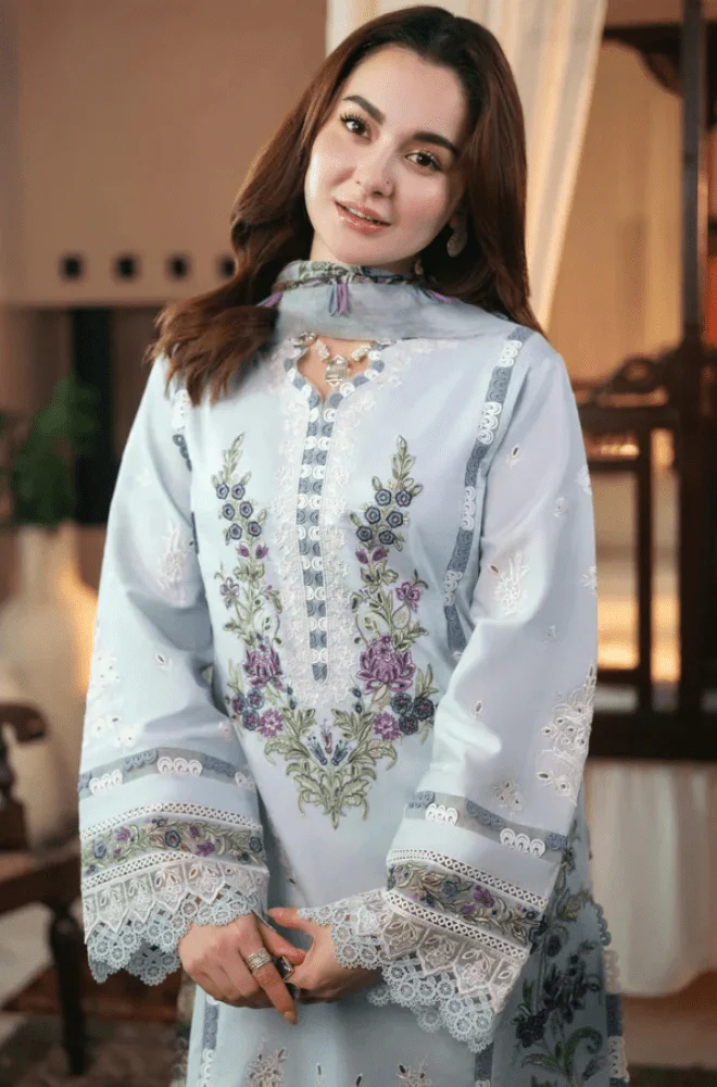JADE -3PC Lawn Chikankari Embroidered Shirt with Chiffon Printed Dupatta and Trouser - BFA00180 - Image 3