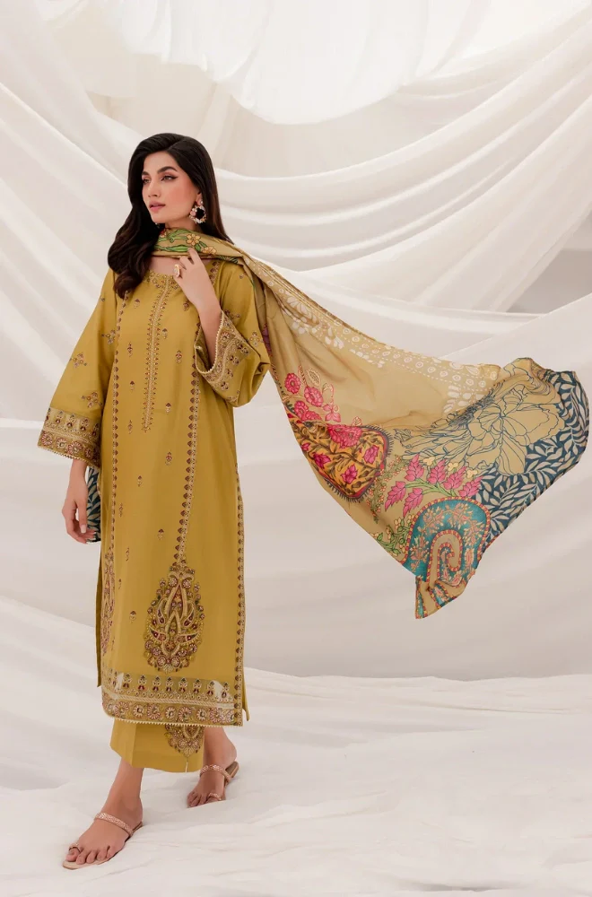 Jazmin - 3PC Dhanak Embroidered Shirt With Wool Printed Dupatta and Trouser - BFB0886 - Image 4